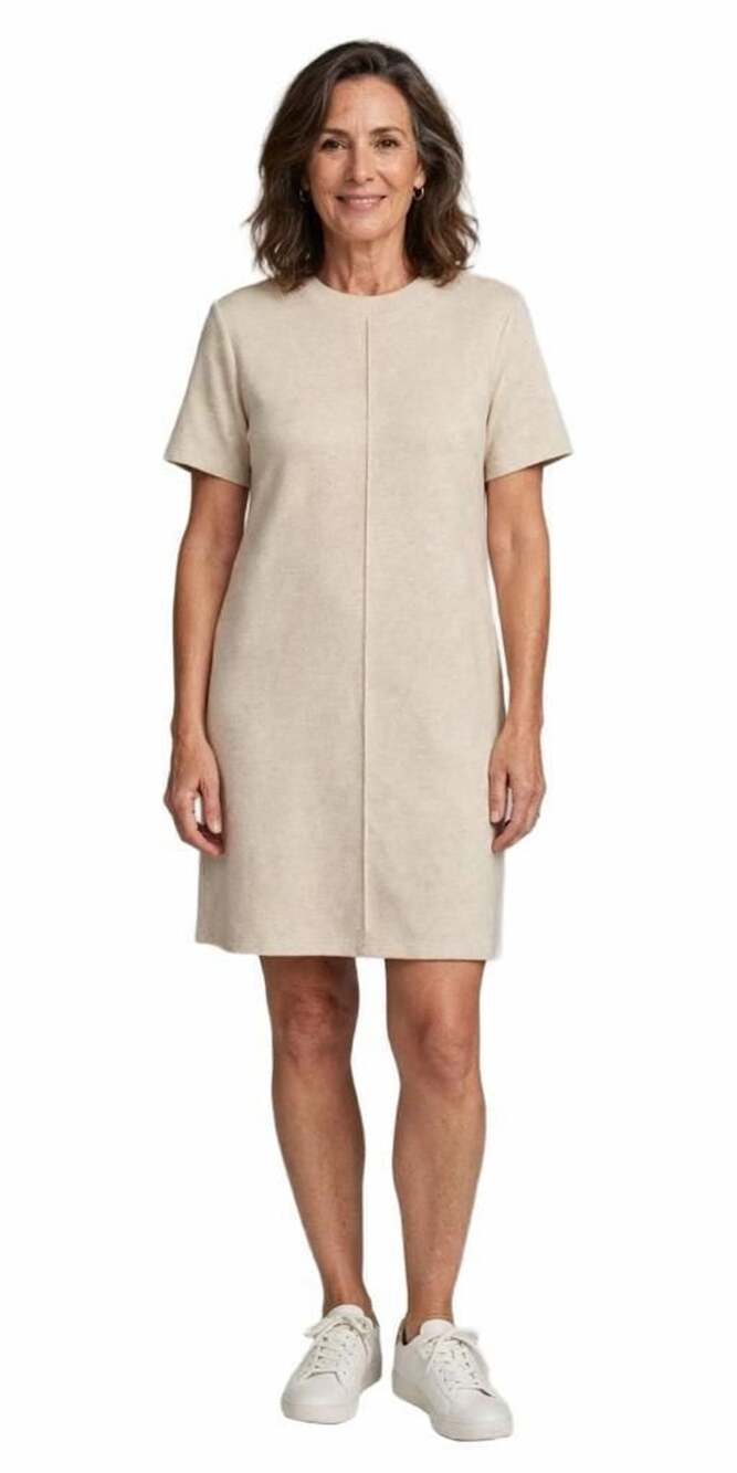 Steve Madden Women's Short Sleeve Ribbed Crew Neck Sweater Dress in Beige